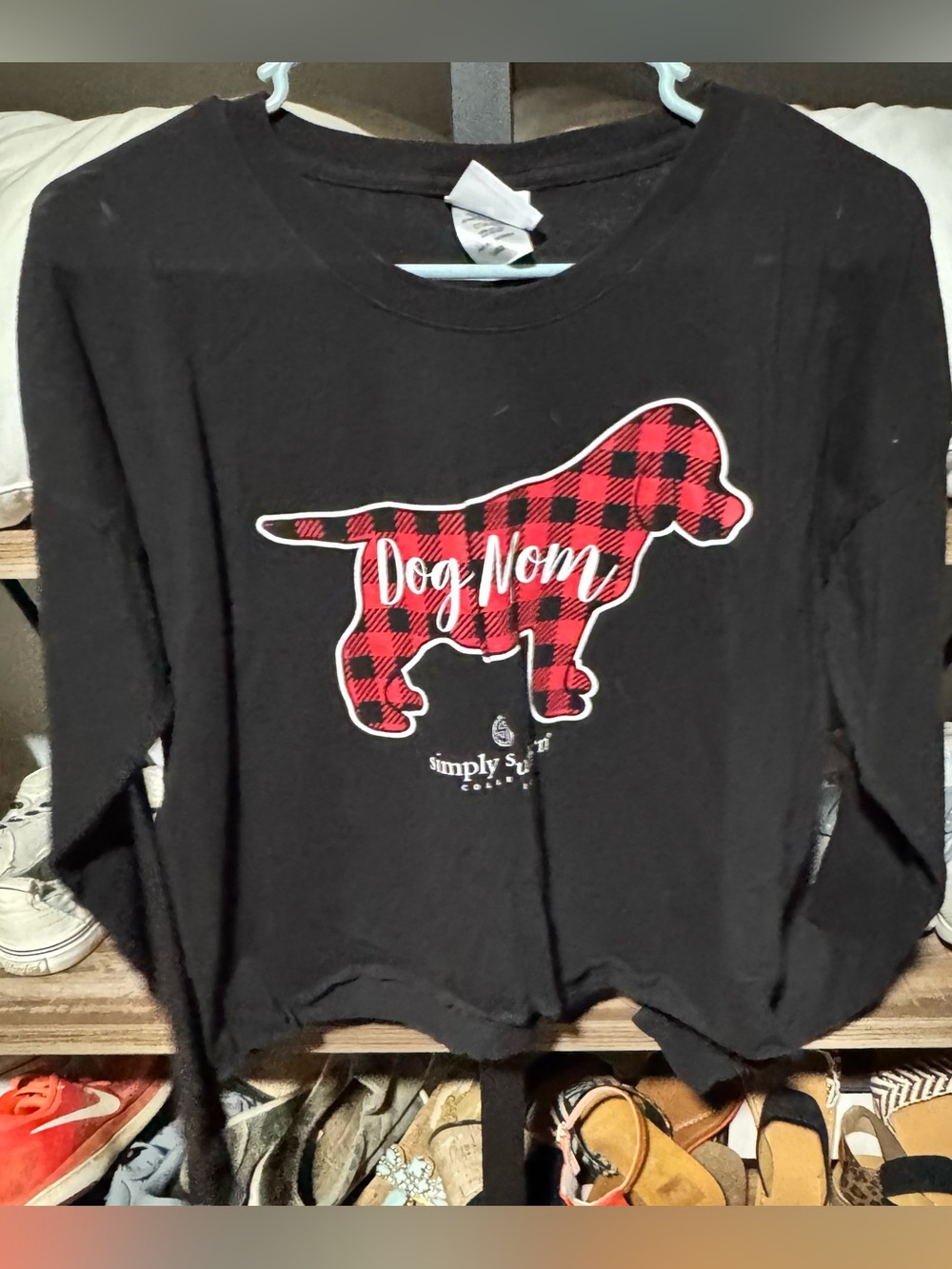 Simply Southern Black Long Sleeve Crop Top with Red Buffalo Plaid Dog Graphic